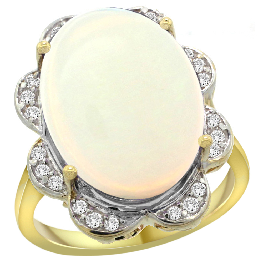 14k Yellow Gold Natural Opal Ring Oval 18x13mm Diamond Floral Halo, 3/4inch wide, sizes 5 - 10