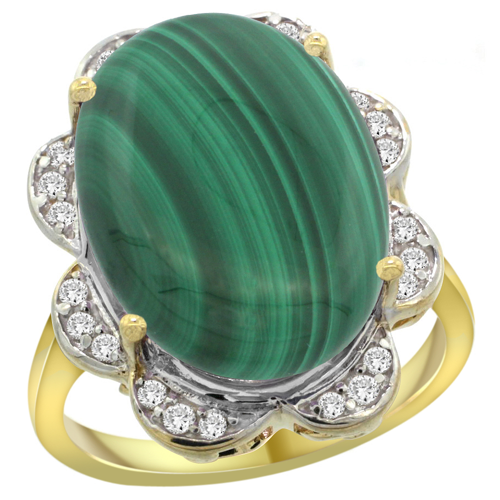 14k Yellow Gold Natural Malachite Ring Oval 18x13mm Diamond Floral Halo, 3/4inch wide, sizes 5 - 10
