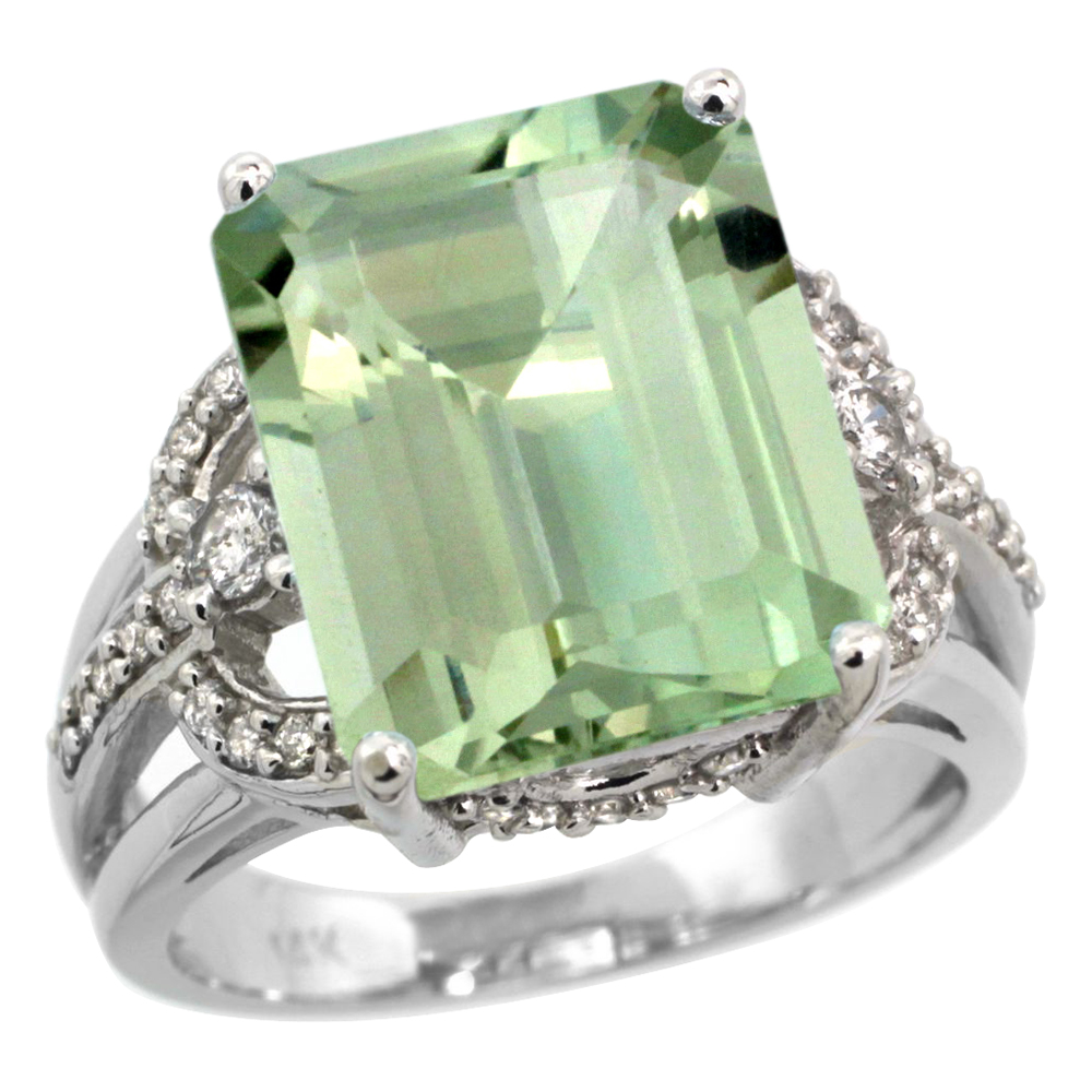 14k White Gold 0.5ct Diamond Genuine Green Amethyst Engagement Ring 14x10mm Emerald cut, size 5-10