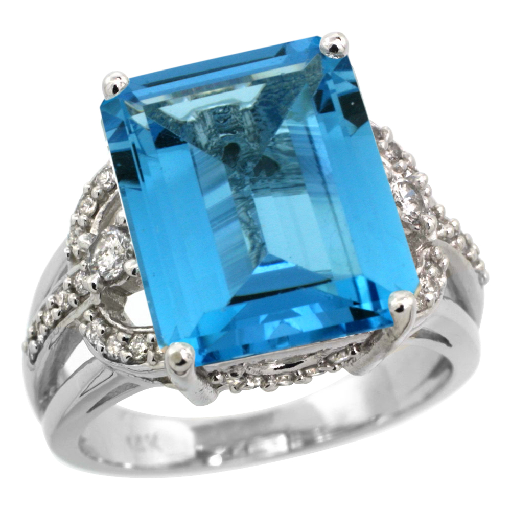 14k White Gold 0.5ct Diamond Genuine Swiss Blue Topaz Engagement Ring 14x10mm Emerald cut, size 5-10