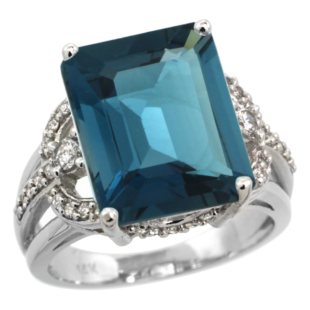 14k White Gold 0.5ct Diamond Genuine London Blue Topaz Engagement Ring 14x10mm Emerald cut, size 5-10