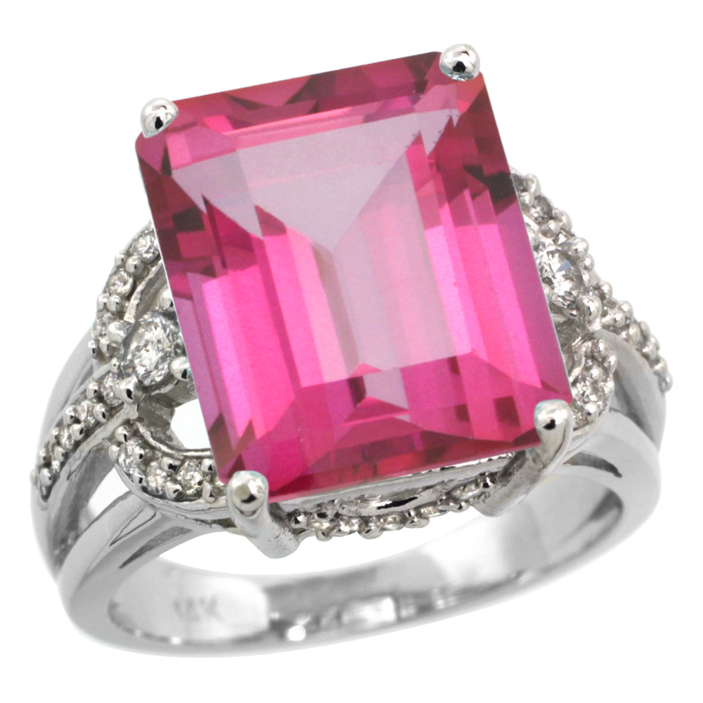 14k White Gold 0.5ct Diamond Genuine Pink Topaz Engagement Ring 14x10mm Emerald cut, size 5-10