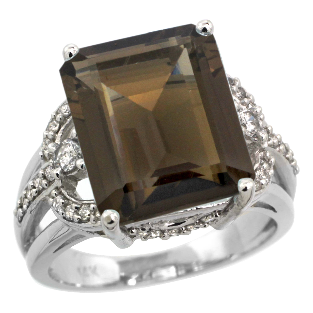 14k White Gold 0.5ct Diamond Genuine Smoky Topaz Engagement Ring 14x10mm Emerald cut, size 5-10