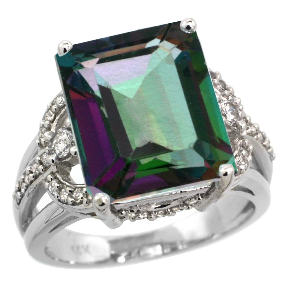 14k White Gold 0.5ct Diamond Genuine Mystic Topaz Engagement Ring 14x10mm Emerald cut, size 5-10