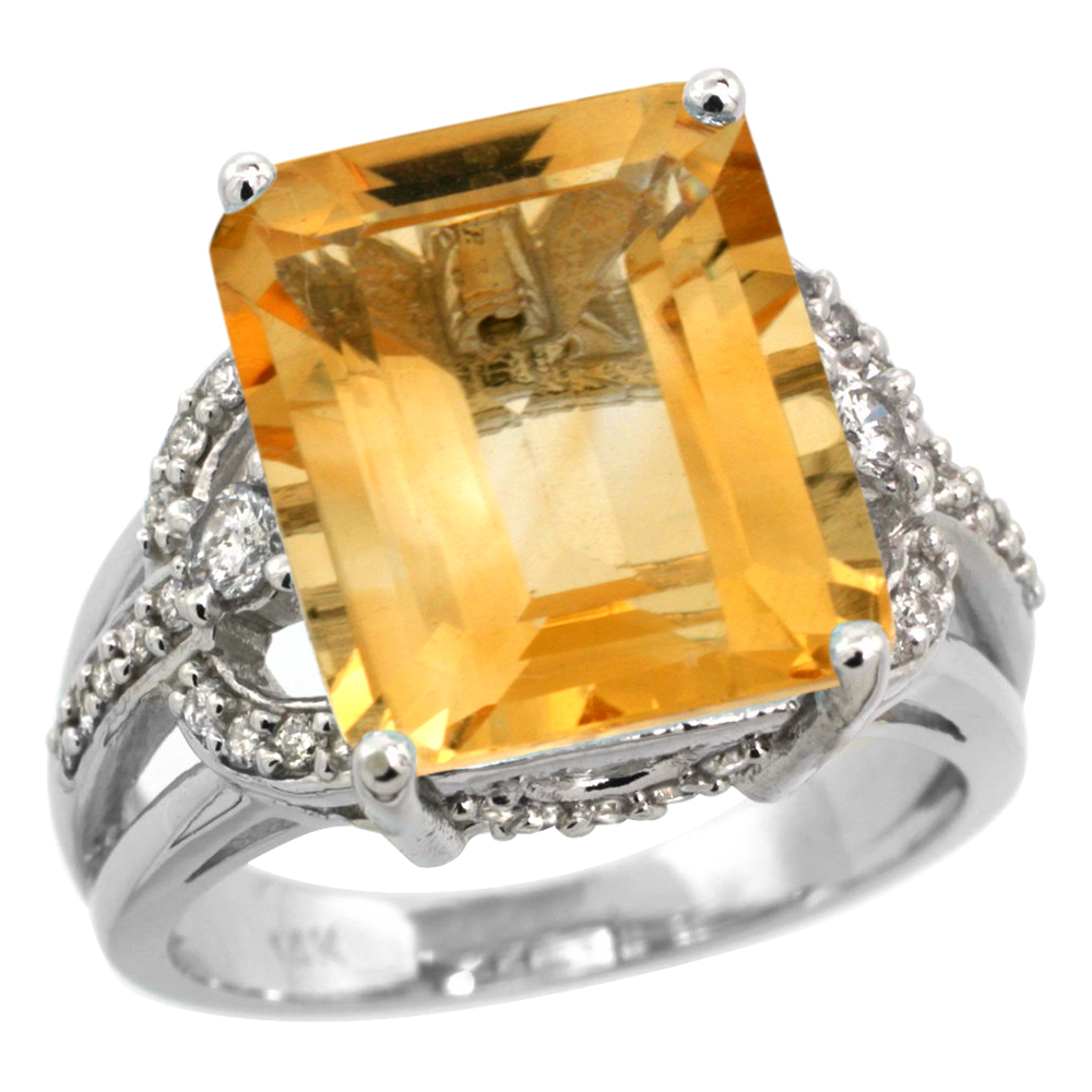 14k White Gold 0.5ct Diamond Genuine Citrine Engagement Ring 14x10mm Emerald cut, size 5-10