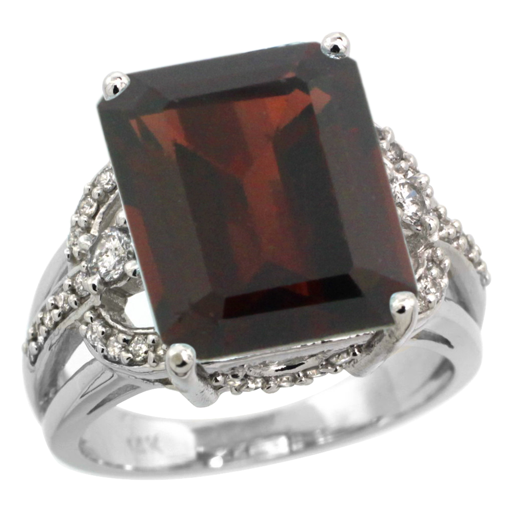 14k White Gold 0.5ct Diamond Genuine Garnet Engagement Ring 14x10mm Emerald cut, size 5-10