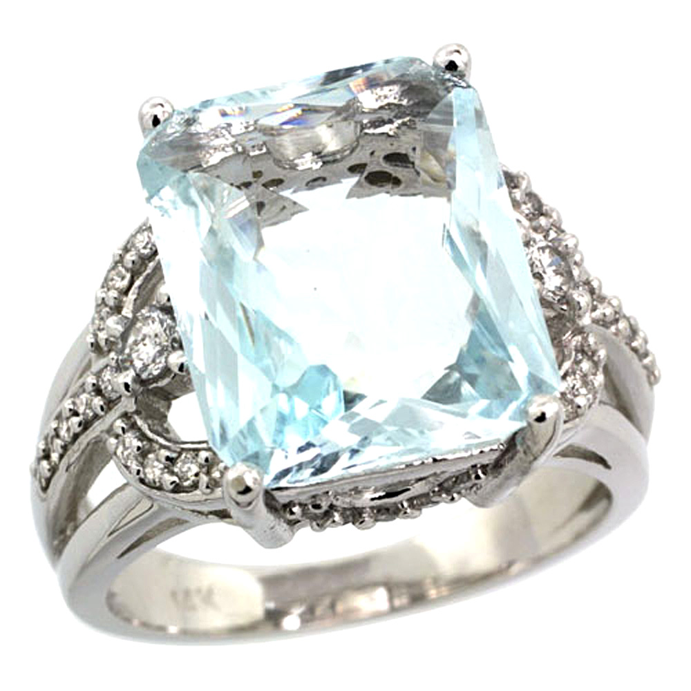 14k White Gold 0.5ct Diamond Genuine Aquamarine Engagement Ring 14x10mm Emerald cut, size 5-10