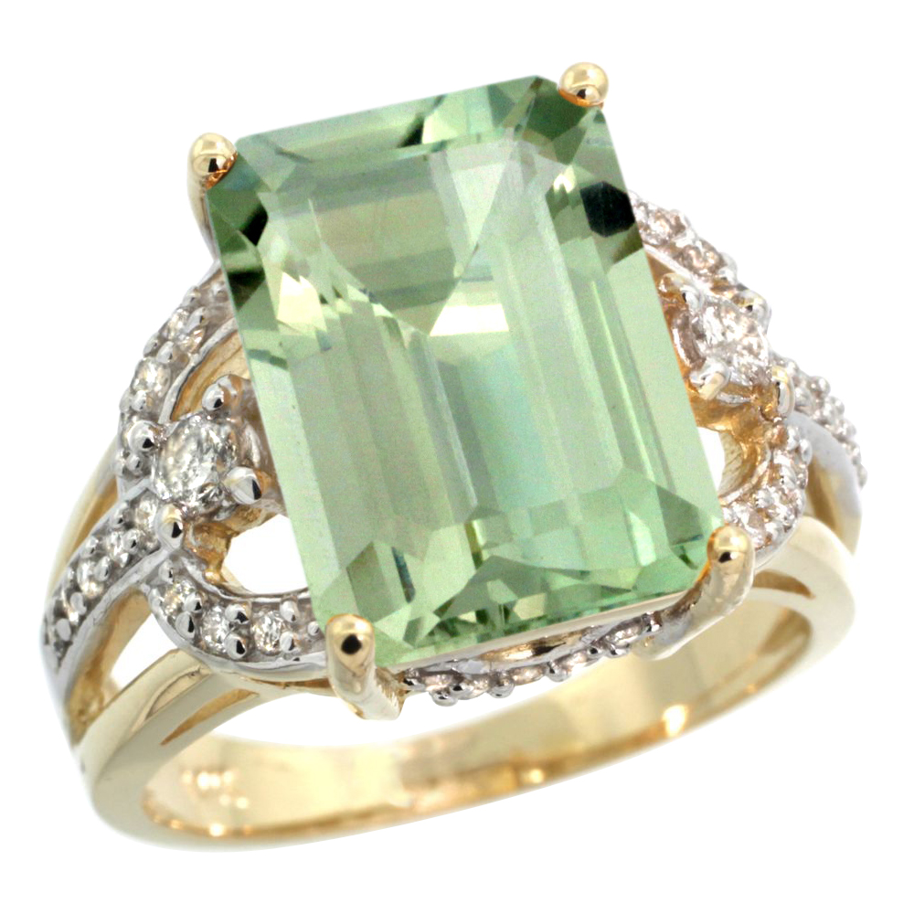 14k Yellow Gold 0.5ct Diamond Genuine Green Amethyst Engagement Ring 14x10mm Emerald cut, size 5-10