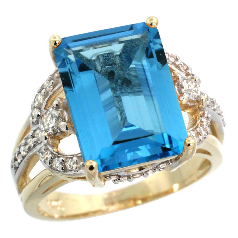 14k Yellow Gold 0.5ct Diamond Genuine Swiss Blue Topaz Engagement Ring 14x10mm Emerald cut, size 5-10