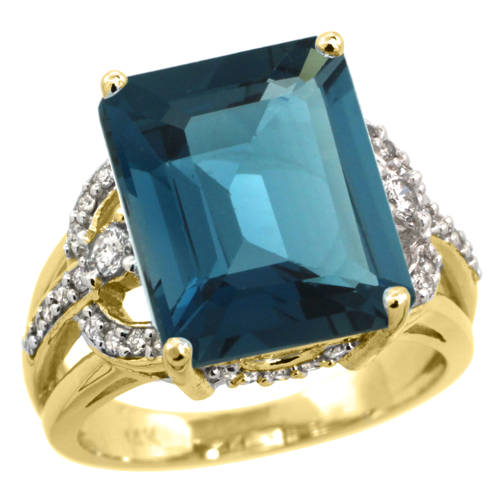 14k Yellow Gold 0.5ct Diamond Genuine London Blue Topaz Engagement Ring 14x10mm Emerald cut, size 5-10