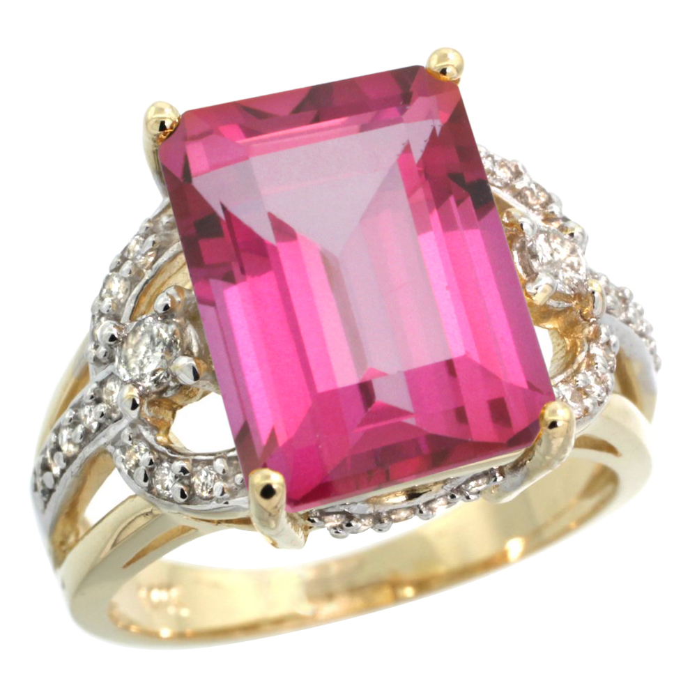 14k Yellow Gold 0.5ct Diamond Genuine Pink Topaz Engagement Ring 14x10mm Emerald cut, size 5-10