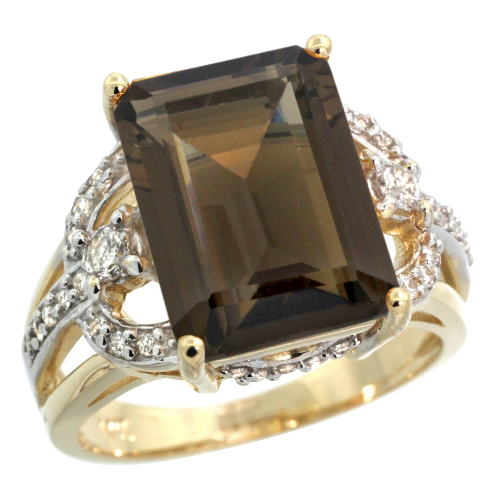 14k Yellow Gold 0.5ct Diamond Genuine Smoky Topaz Engagement Ring 14x10mm Emerald cut, size 5-10