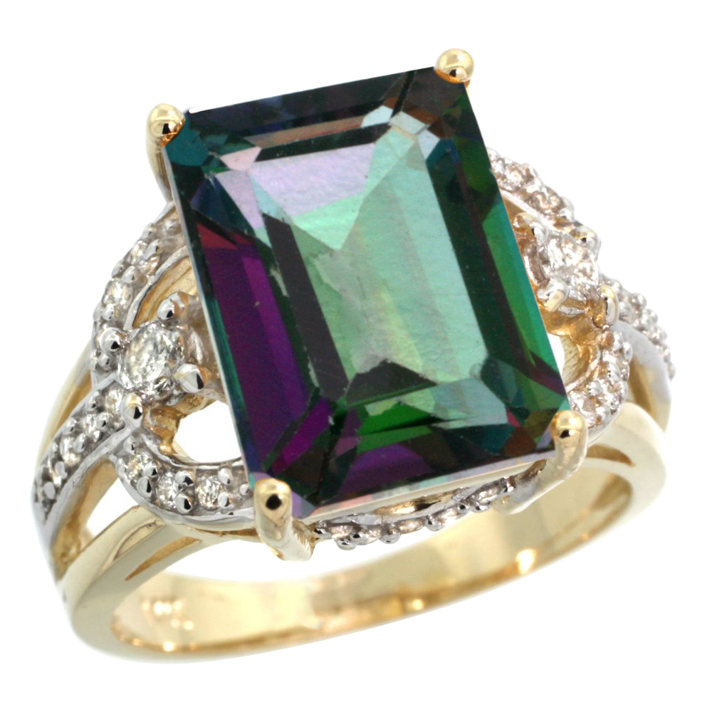 14k Yellow Gold 0.5ct Diamond Genuine Mystic Topaz Engagement Ring 14x10mm Emerald cut, size 5-10