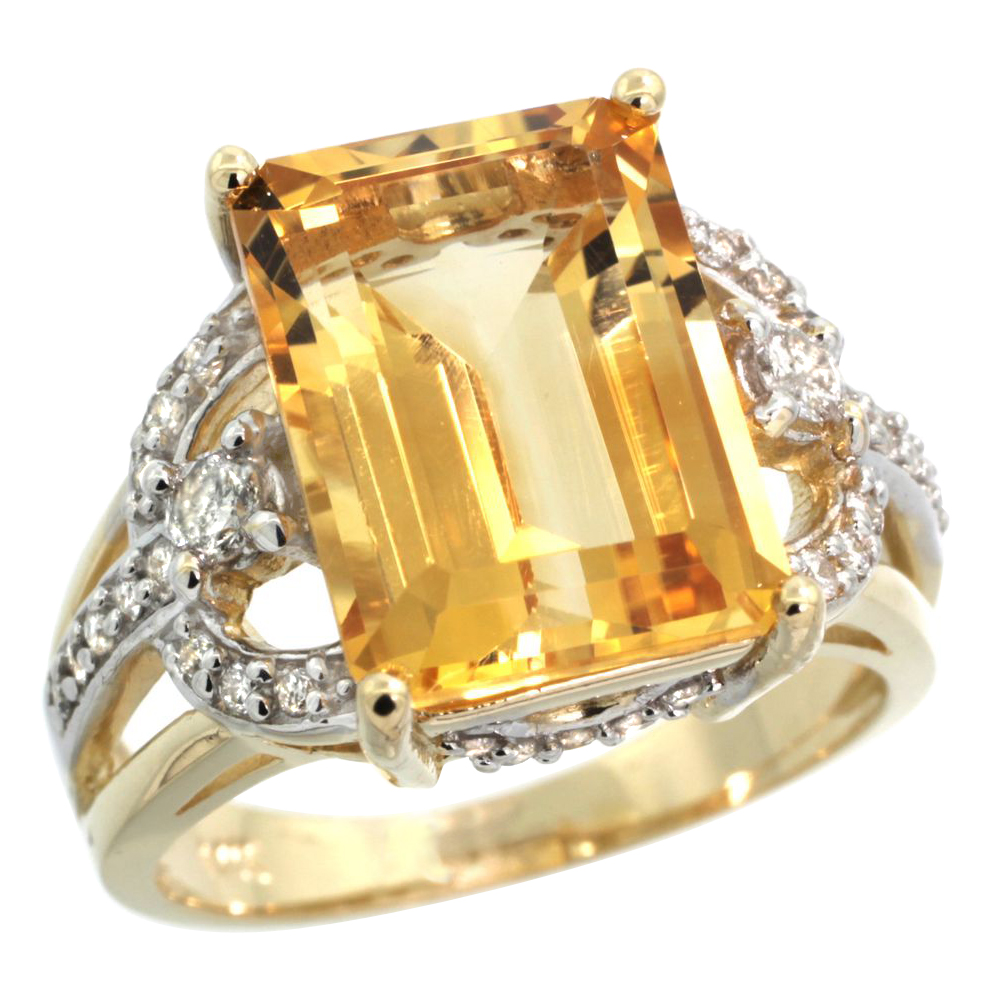 14k Yellow Gold 0.5ct Diamond Genuine Citrine Engagement Ring 14x10mm Emerald cut, size 5-10