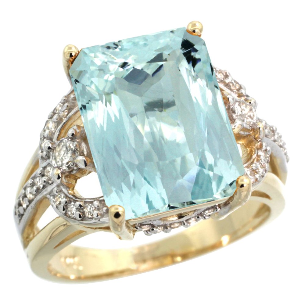 14k Yellow Gold 0.5ct Diamond Genuine Aquamarine Engagement Ring 14x10mm Emerald cut, size 5-10