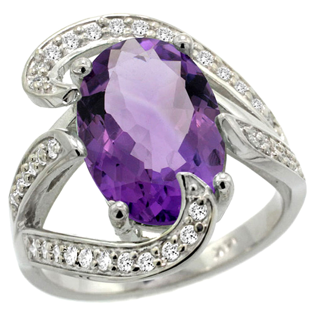 14k White Gold Natural Amethyst Ring Oval 14x10mm Diamond Accent, 3/4 inch wide, sizes 5 - 10