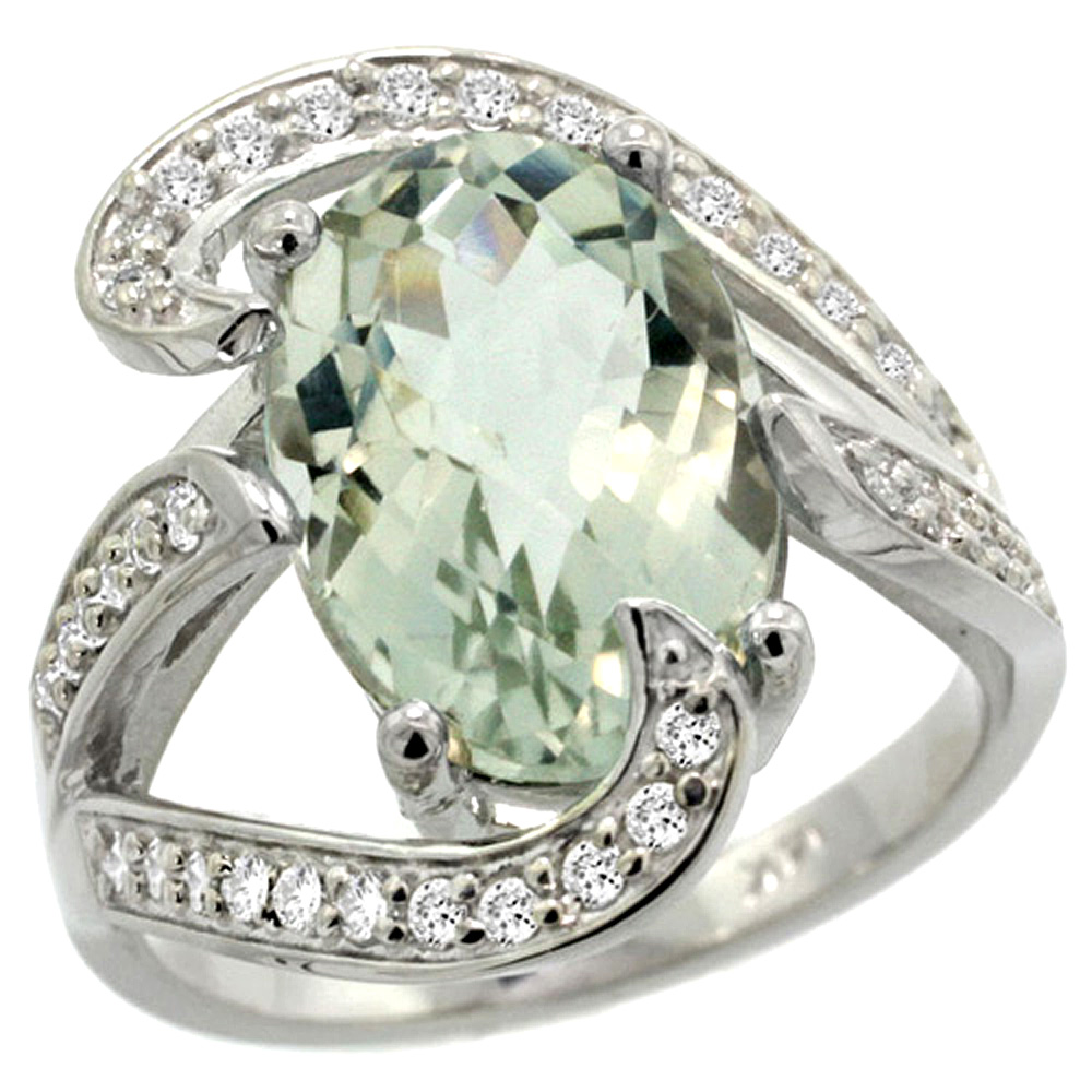 14k White Gold Natural Green Amethyst Ring Oval 14x10mm Diamond Accent, 3/4 inch wide, sizes 5 - 10