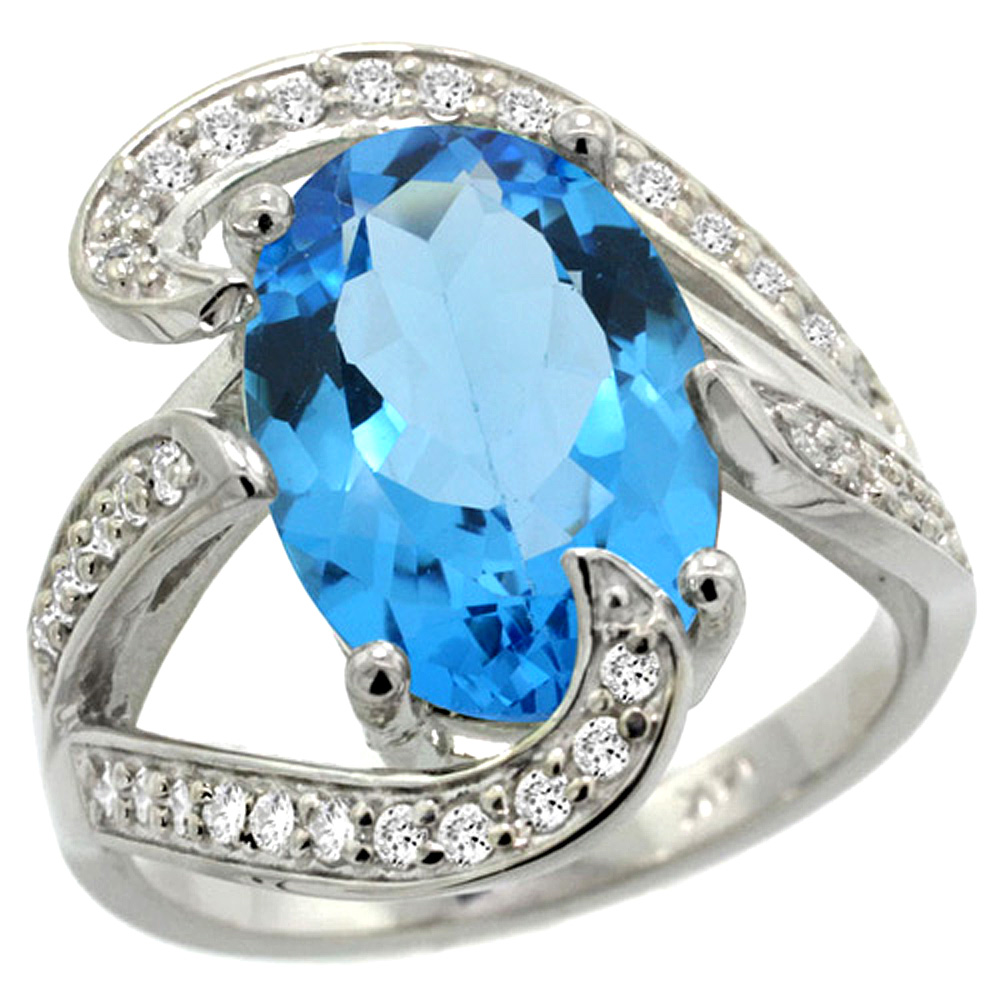 14k White Gold Natural Swiss Blue Topaz Ring Oval 14x10mm Diamond Accent, 3/4 inch wide, sizes 5 - 10