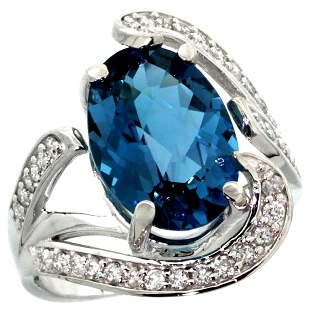 14k White Gold Natural London Blue Topaz Ring Oval 14x10mm Diamond Accent, 3/4 inch wide, sizes 5 - 10