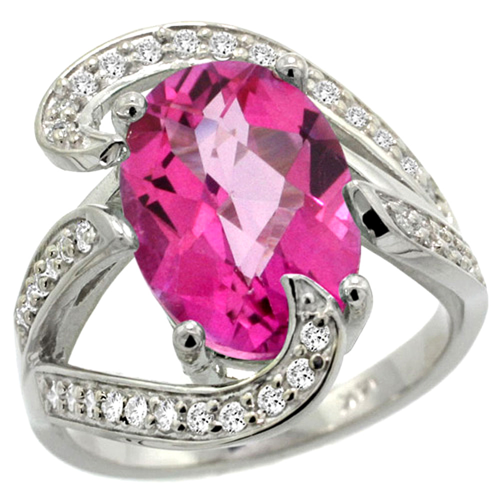 14k White Gold Natural Pink Topaz Ring Oval 14x10mm Diamond Accent, 3/4 inch wide, sizes 5 - 10