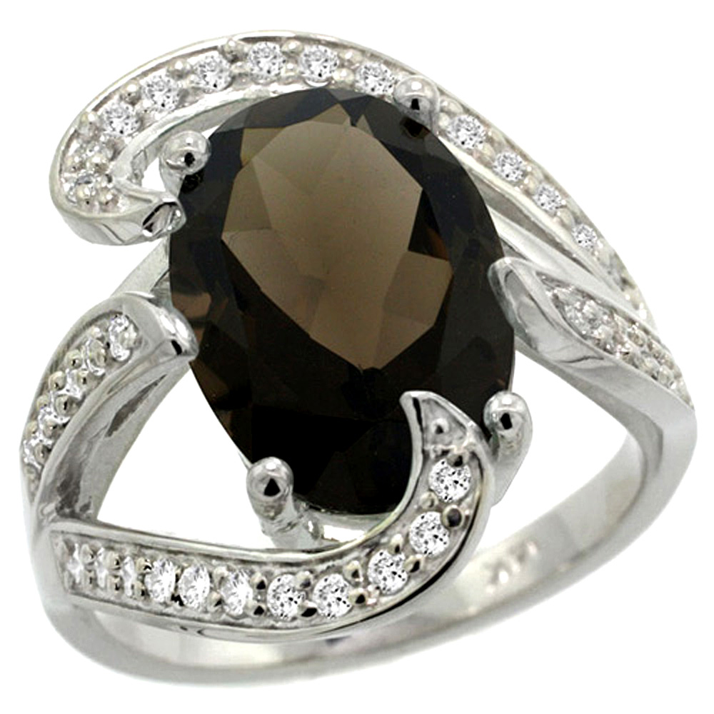 14k White Gold Natural Smoky Topaz Ring Oval 14x10mm Diamond Accent, 3/4 inch wide, sizes 5 - 10