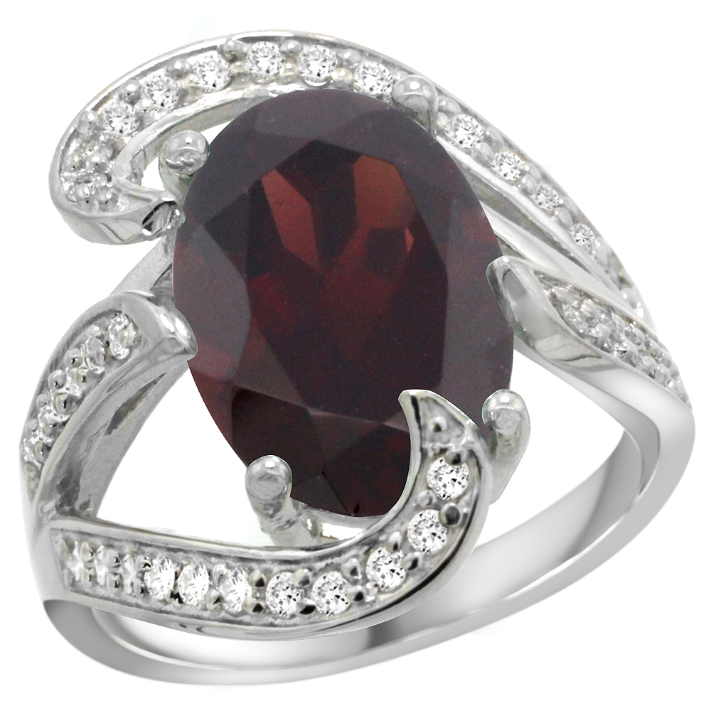 14k White Gold Natural Garnet Ring Oval 14x10mm Diamond Accent, 3/4 inch wide, sizes 5 - 10