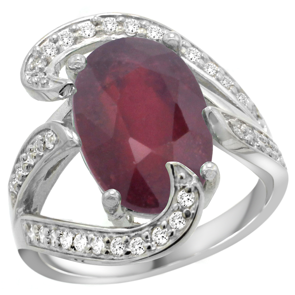 14k White Gold Natural Enhanced Ruby Ring Oval 14x10mm Diamond Accent, 3/4 inch wide, sizes 5 - 10