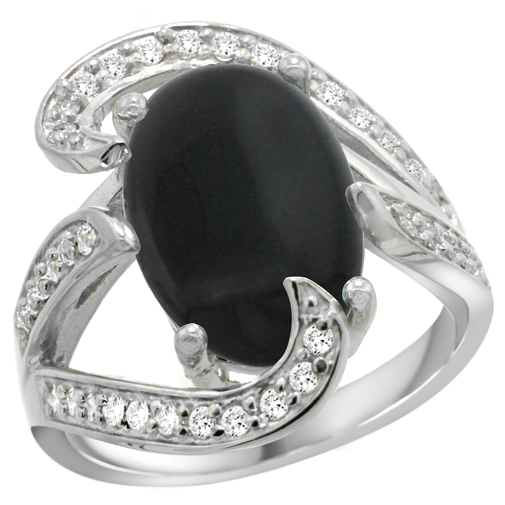 14k White Gold Natural Black Onyx Ring Oval 14x10mm Diamond Accent, 3/4 inch wide, sizes 5 - 10