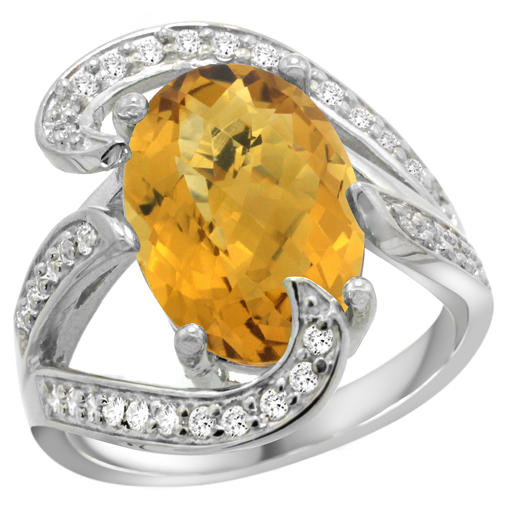 14k White Gold Natural Whisky Quartz Ring Oval 14x10mm Diamond Accent, 3/4 inch wide, sizes 5 - 10