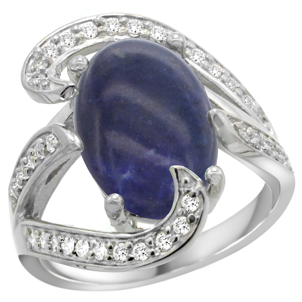 14k White Gold Natural Lapis Ring Oval 14x10mm Diamond Accent, 3/4 inch wide, sizes 5 - 10