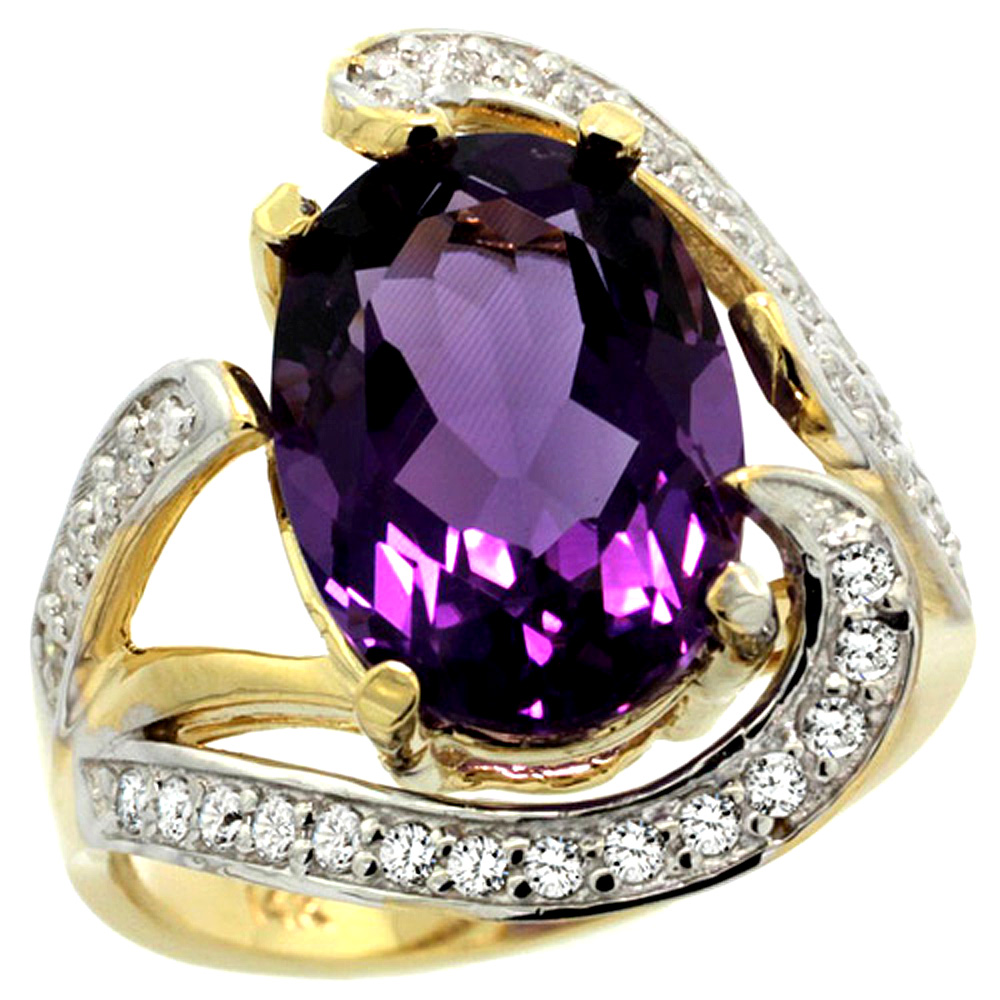 14k Yellow Gold Natural Amethyst Ring Oval 14x10mm Diamond Accent, 3/4 inch wide, sizes 5 - 10