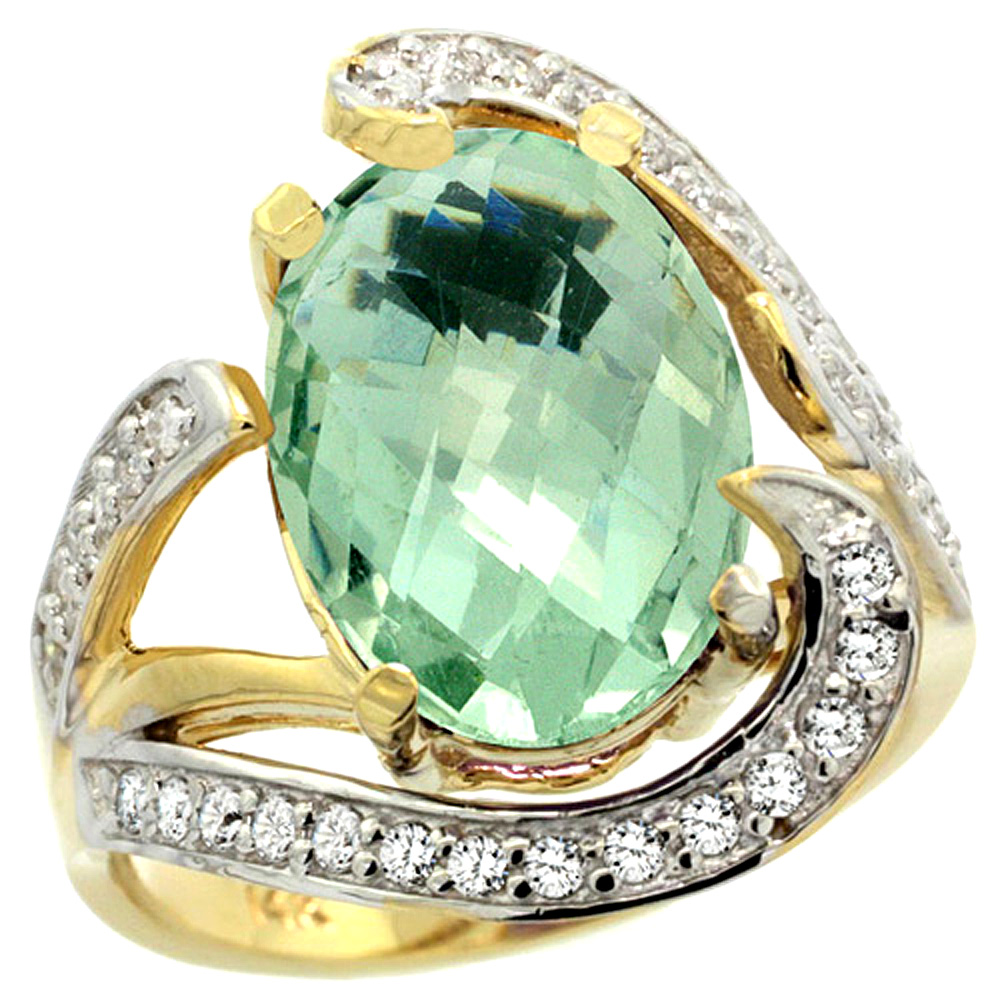 14k Yellow Gold Natural Green Amethyst Ring Oval 14x10mm Diamond Accent, 3/4 inch wide, sizes 5 - 10