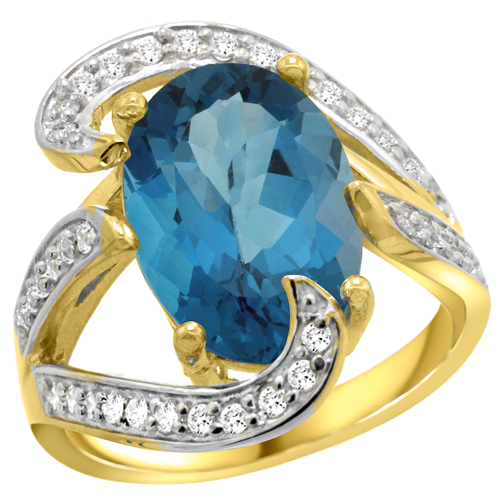 14k Yellow Gold Natural London Blue Topaz Ring Oval 14x10mm Diamond Accent, 3/4 inch wide, sizes 5 - 10