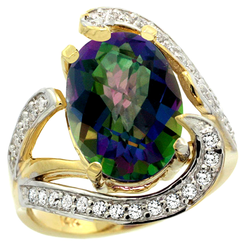 14k Yellow Gold Natural Mystic Topaz Ring Oval 14x10mm Diamond Accent, 3/4 inch wide, sizes 5 - 10