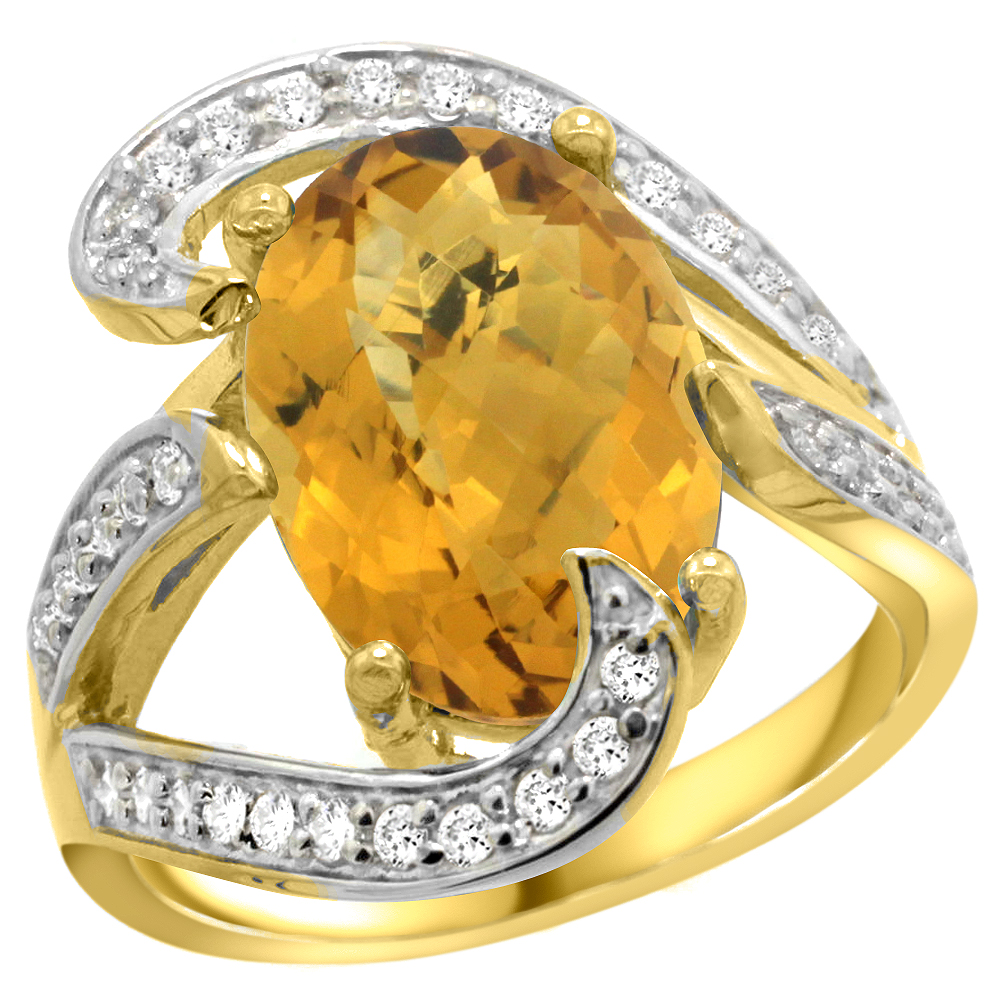 14k Yellow Gold Natural Whisky Quartz Ring Oval 14x10mm Diamond Accent, 3/4 inch wide, sizes 5 - 10