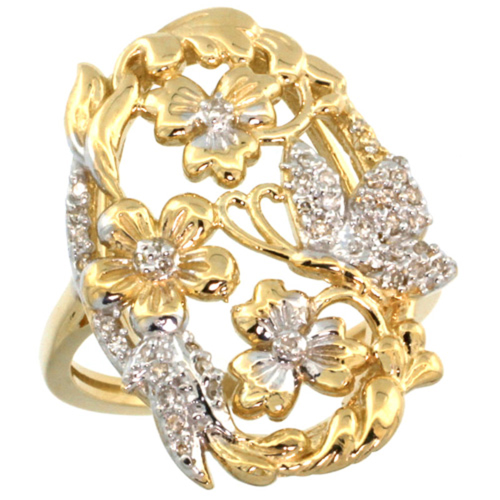 14k Yellow Gold Diamond Flower Vine Ring 0.31 ct Brilliant Cut 1 inch wide, size 5-10