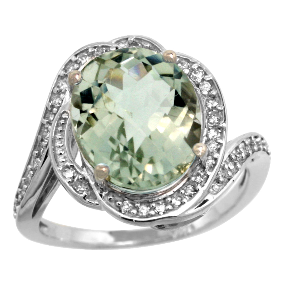 14k White Gold Diamond 0.3ct Genuine Green Amethyst Bypass Ring 12x10mm Oval 11/16 inch wide, size 5-10