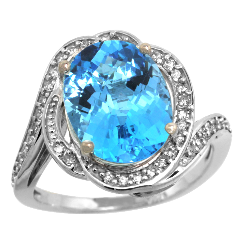 14k White Gold Diamond 0.3ct Genuine Swiss Blue Topaz Bypass Ring 12x10mm Oval 11/16 inch wide, size 5-10