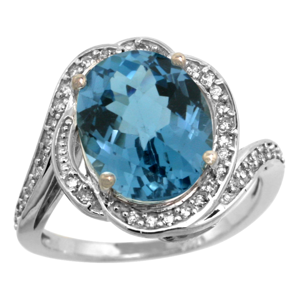 14k White Gold Diamond 0.3ct Genuine London Blue Topaz Bypass Ring 12x10mm Oval 11/16 inch, size 5-10