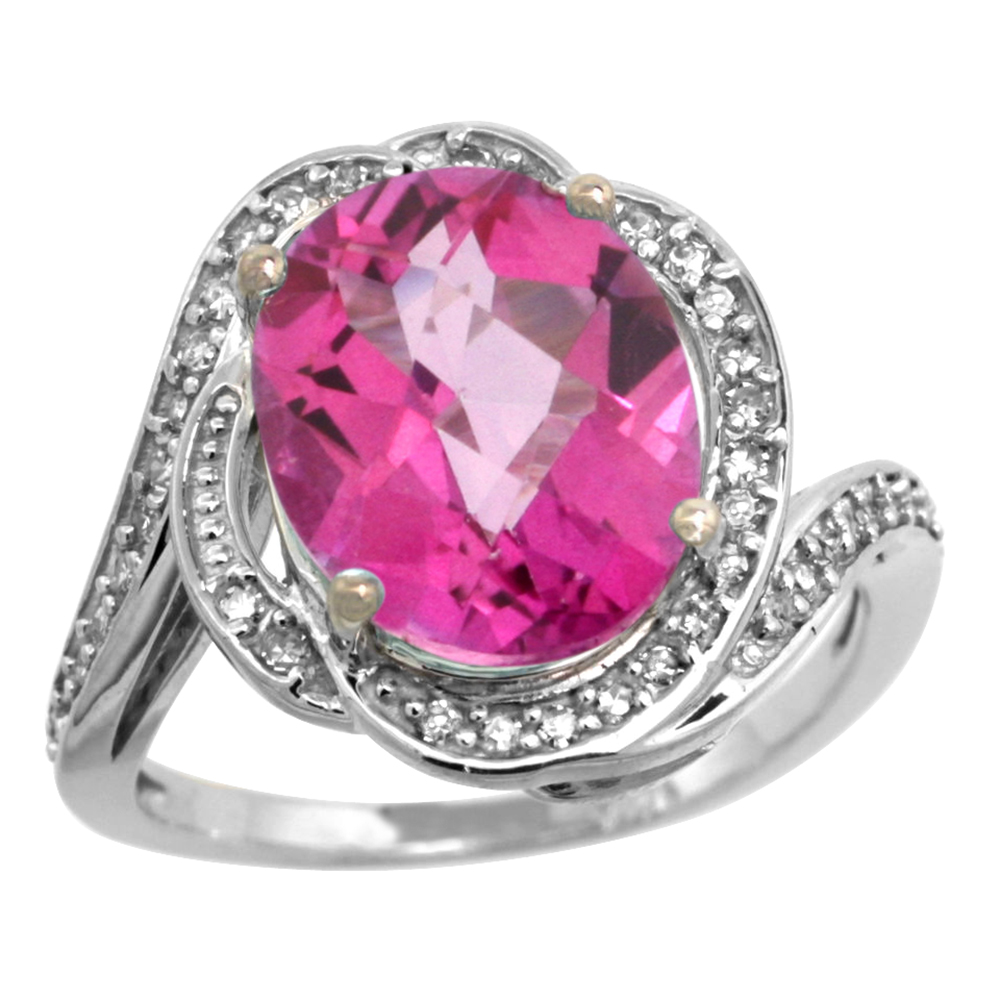 14k White Gold Diamond 0.3ct Genuine Pink Topaz Bypass Ring 12x10mm Oval 11/16 inch wide, size 5-10