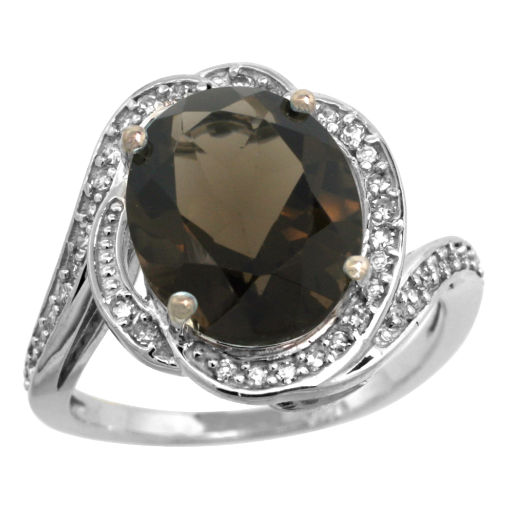 14k White Gold Diamond 0.3ct Genuine Smoky Topaz Bypass Ring 12x10mm Oval 11/16 inch wide, size 5-10