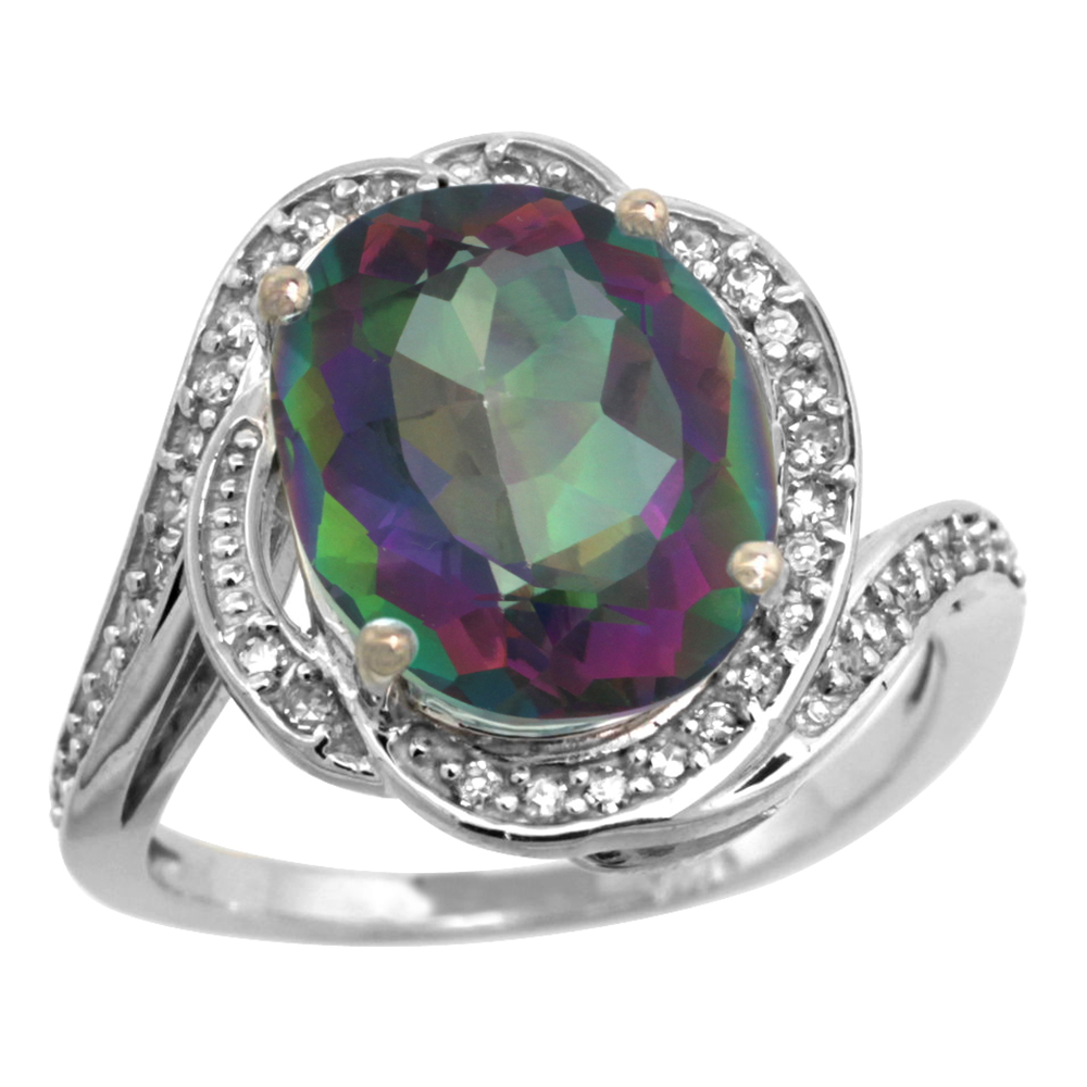 14k White Gold Diamond 0.3ct Genuine Mystic Topaz Bypass Ring 12x10mm Oval 11/16 inch wide, size 5-10