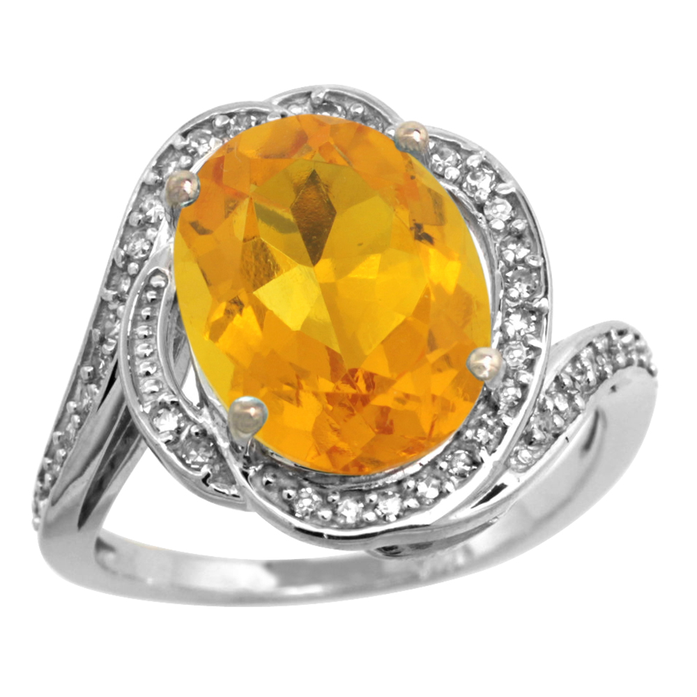 14k White Gold Diamond 0.3ct Genuine Citrine Bypass Ring 12x10mm Oval 11/16 inch wide, size 5-10