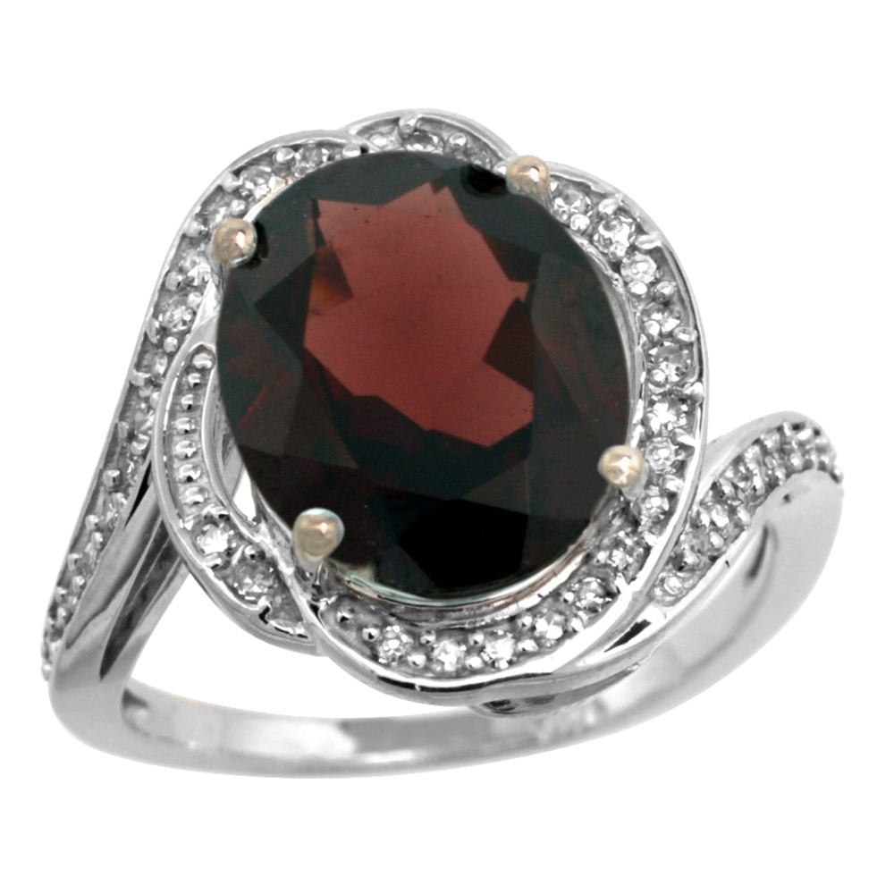 14k White Gold Diamond 0.3ct Genuine Garnet Bypass Ring 12x10mm Oval 11/16 inch wide, size 5-10