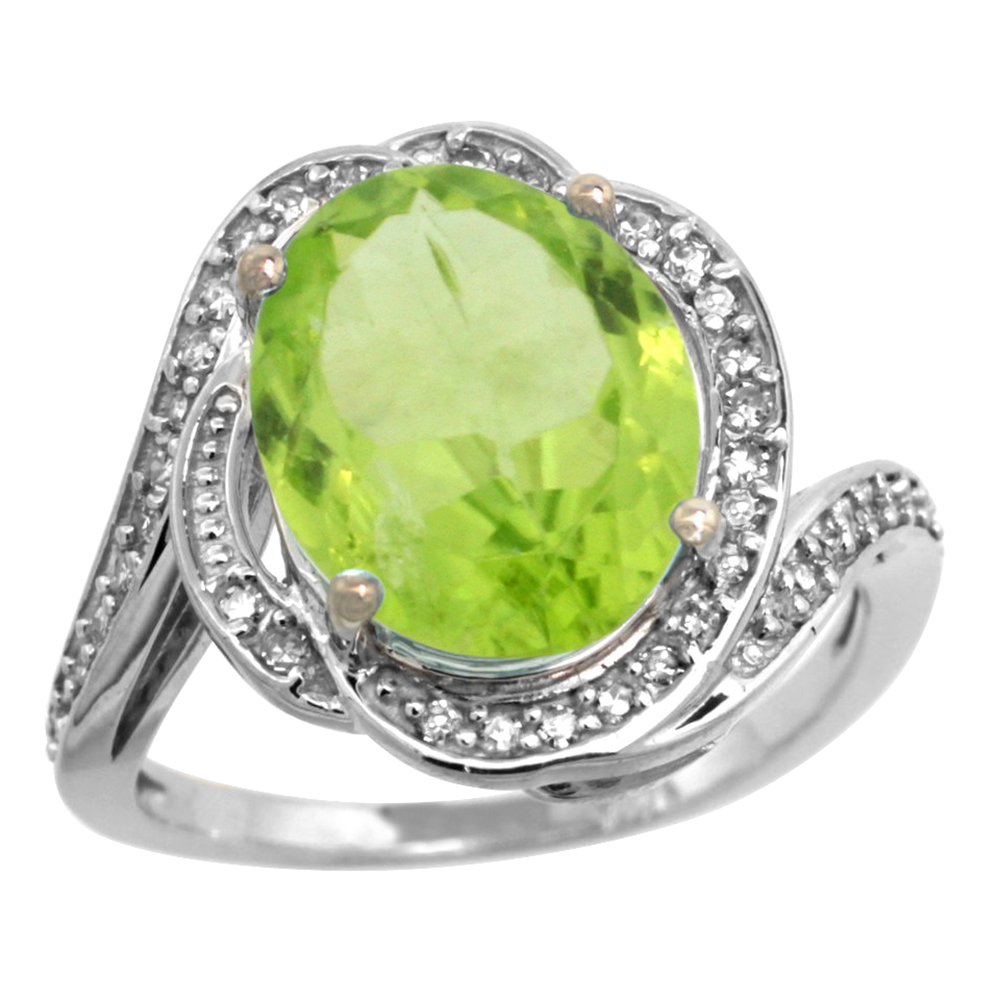 14k White Gold Diamond 0.3ct Genuine Peridot Bypass Ring 12x10mm Oval 11/16 inch wide, size 5-10
