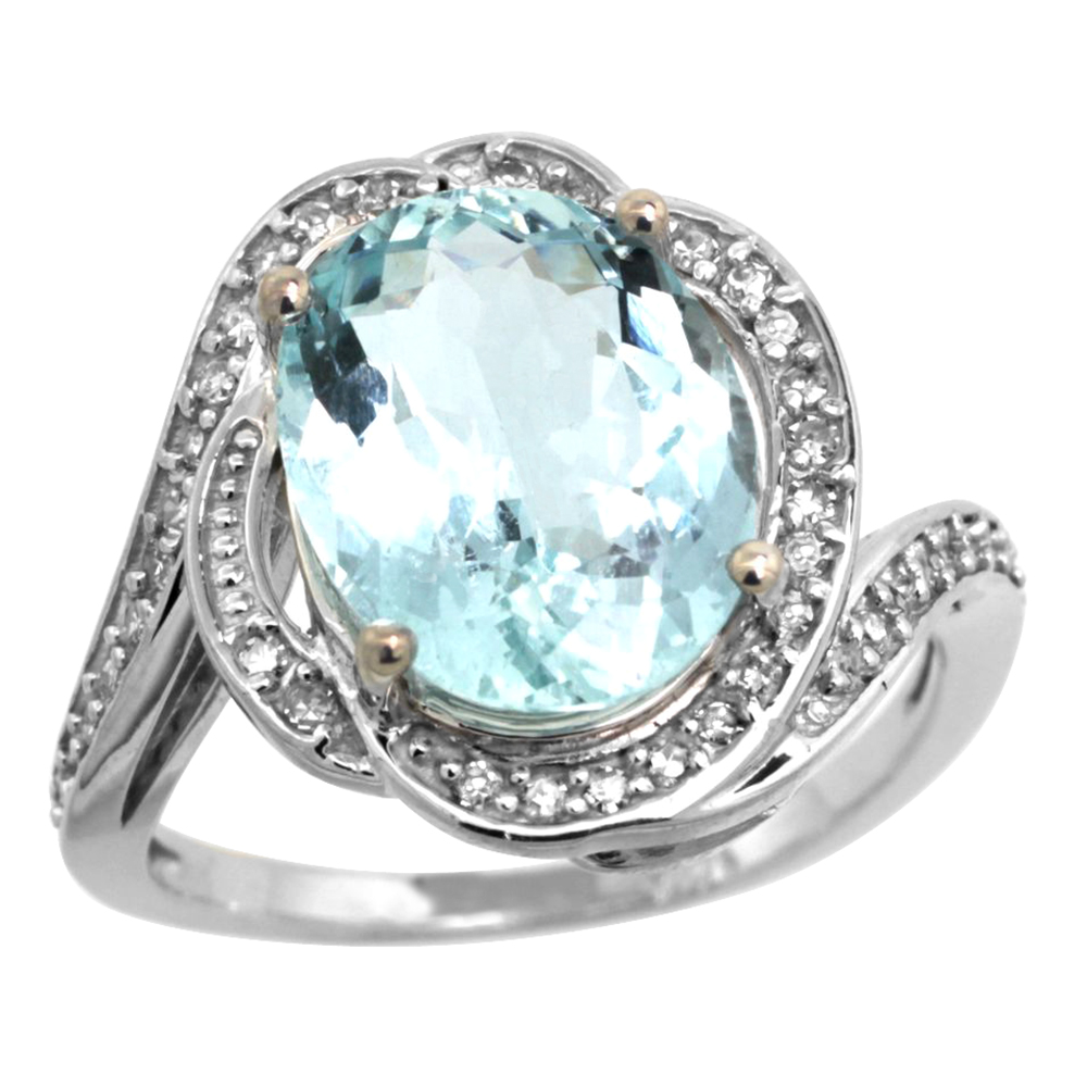 14k White Gold Diamond 0.3ct Genuine Aquamarine Bypass Ring 12x10mm Oval 11/16 inch wide, size 5-10