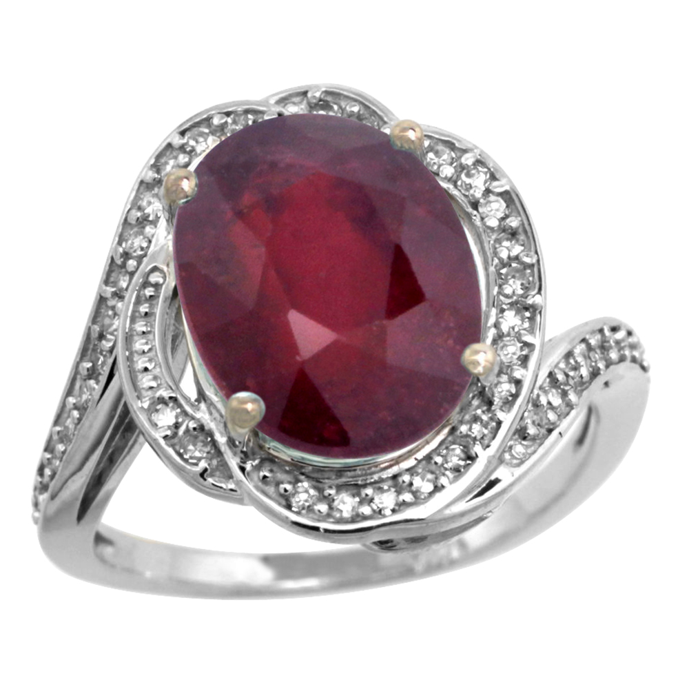 14k White Gold Diamond 0.3ct Enhanced Genuine Ruby Bypass Ring 12x10mm Oval 11/16 inch wide, size 5-10
