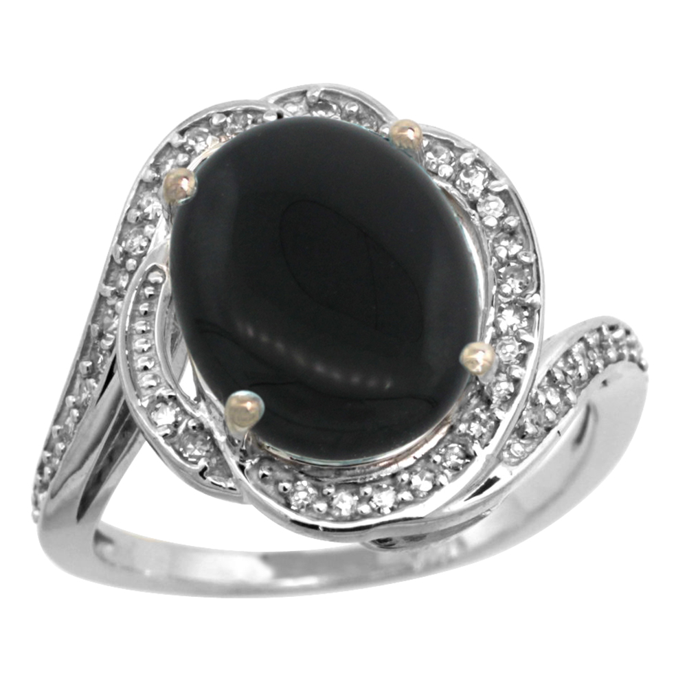 14k White Gold Diamond 0.3ct Genuine Black Onyx Bypass Ring 12x10mm Oval 11/16 inch wide, size 5-10