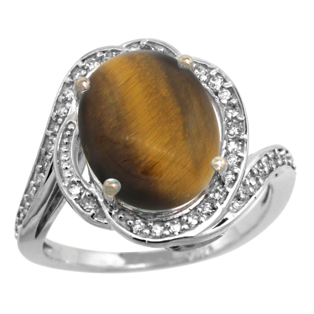 14k White Gold Diamond 0.3ct Genuine Tiger Eye Bypass Ring 12x10mm Oval 11/16 inch wide, size 5-10