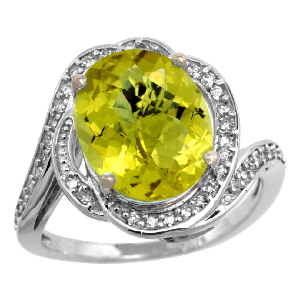 14k White Gold Diamond 0.3ct Genuine Lemon Quartz Bypass Ring 12x10mm Oval 11/16 inch wide, size 5-10